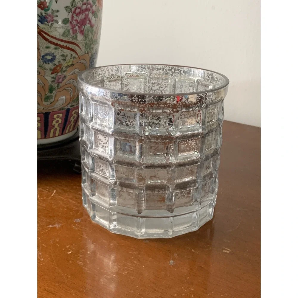 Silver Mercury Glass Waffle Grid Candle Holder Vase Decorative Votive Cup